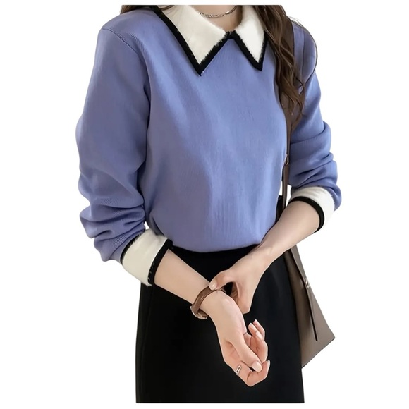 Sweater Knit Blue White Long Sleeve M Women Polo Collar Faux Fur Preppy Career - Picture 1 of 8